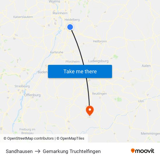 Sandhausen to Gemarkung Truchtelfingen map