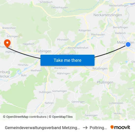 Gemeindeverwaltungsverband Metzingen to Poltringen map