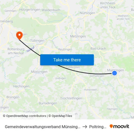 Gemeindeverwaltungsverband Münsingen to Poltringen map