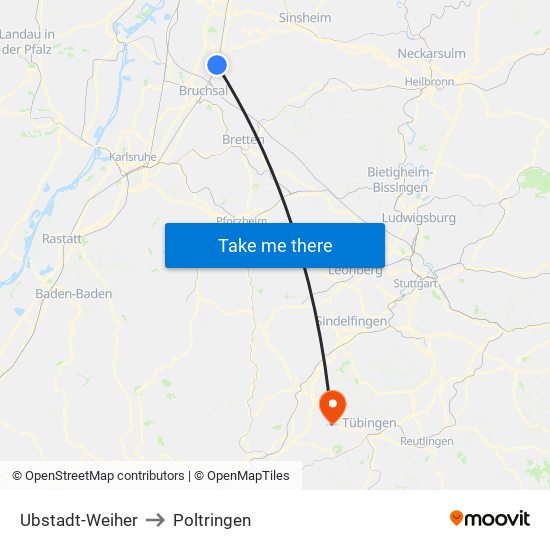 Ubstadt-Weiher to Poltringen map