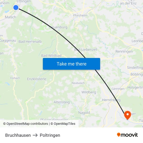 Bruchhausen to Poltringen map