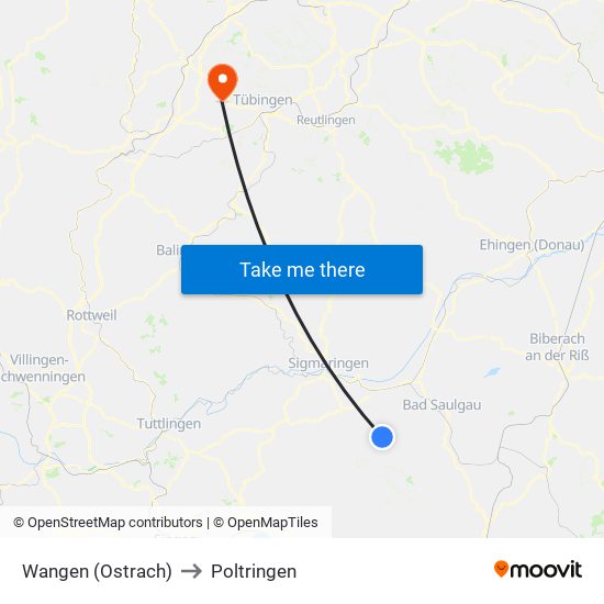 Wangen (Ostrach) to Poltringen map