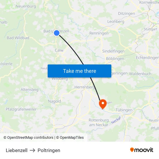 Liebenzell to Poltringen map