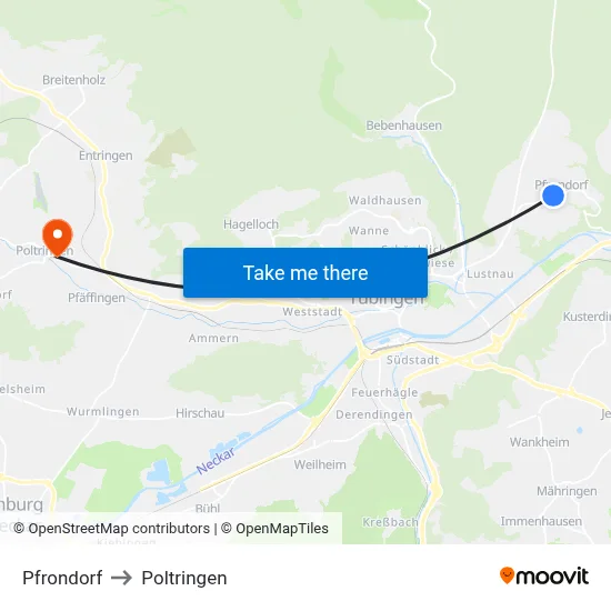 Pfrondorf to Poltringen map