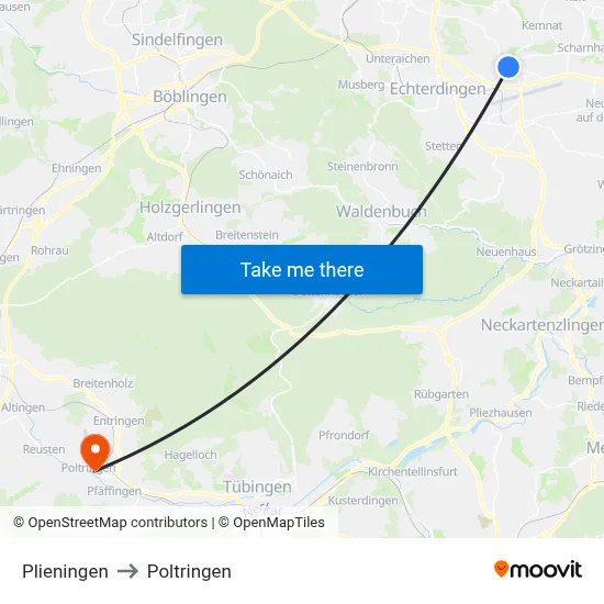Plieningen to Poltringen map