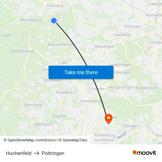 Huchenfeld to Poltringen map