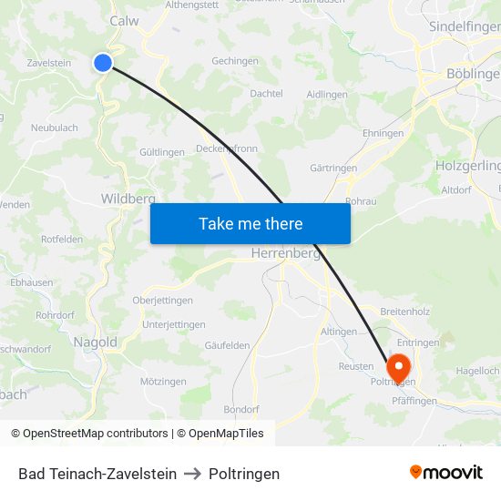 Bad Teinach-Zavelstein to Poltringen map