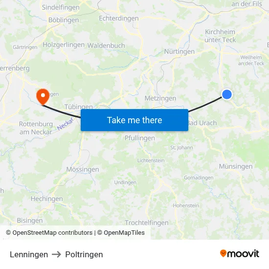 Lenningen to Poltringen map