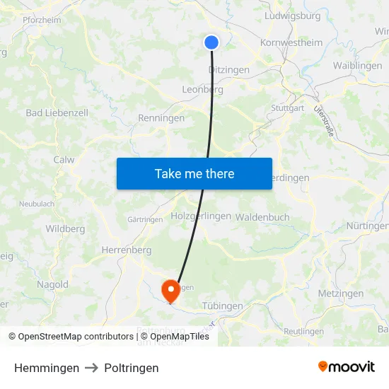 Hemmingen to Poltringen map