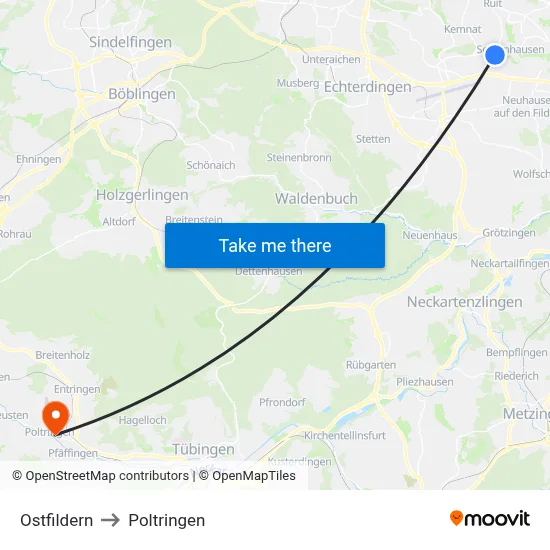 Ostfildern to Poltringen map