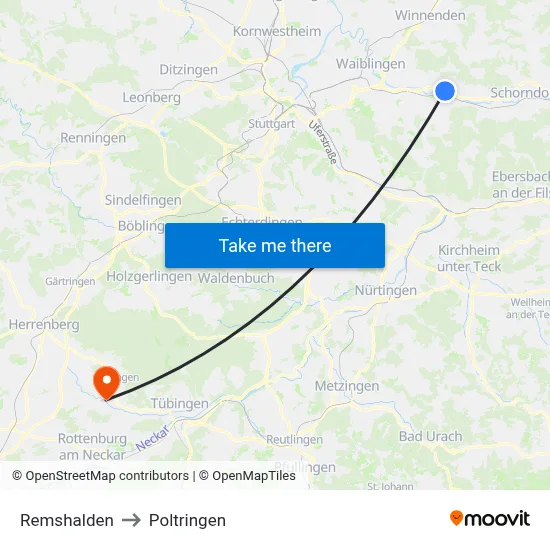 Remshalden to Poltringen map