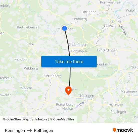 Renningen to Poltringen map