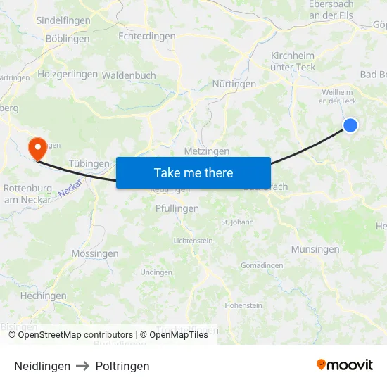 Neidlingen to Poltringen map