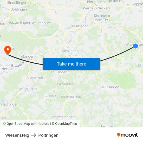 Wiesensteig to Poltringen map