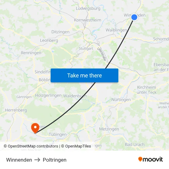Winnenden to Poltringen map
