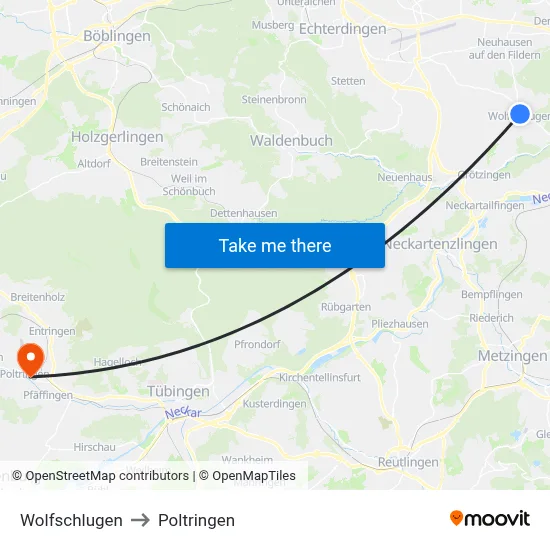 Wolfschlugen to Poltringen map