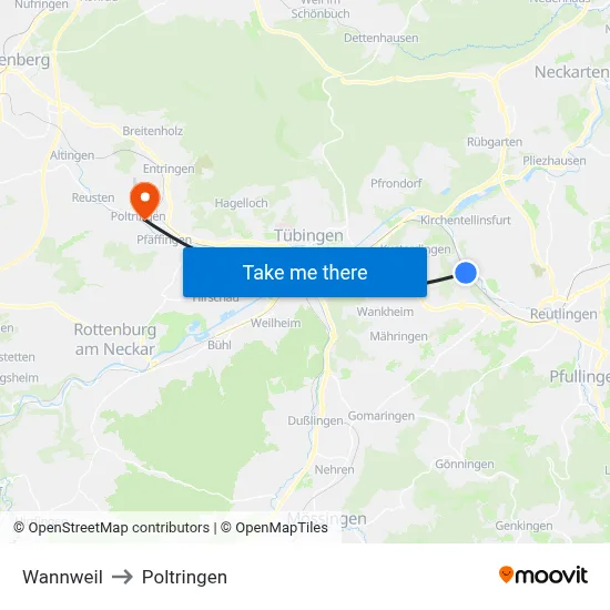 Wannweil to Poltringen map