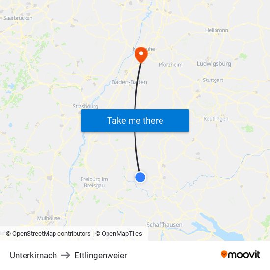 Unterkirnach to Ettlingenweier map