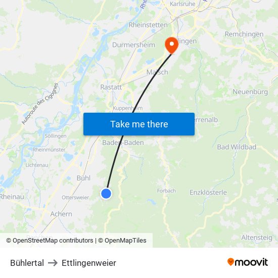 Bühlertal to Ettlingenweier map