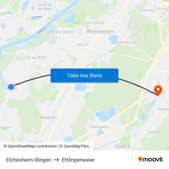 Elchesheim-Illingen to Ettlingenweier map
