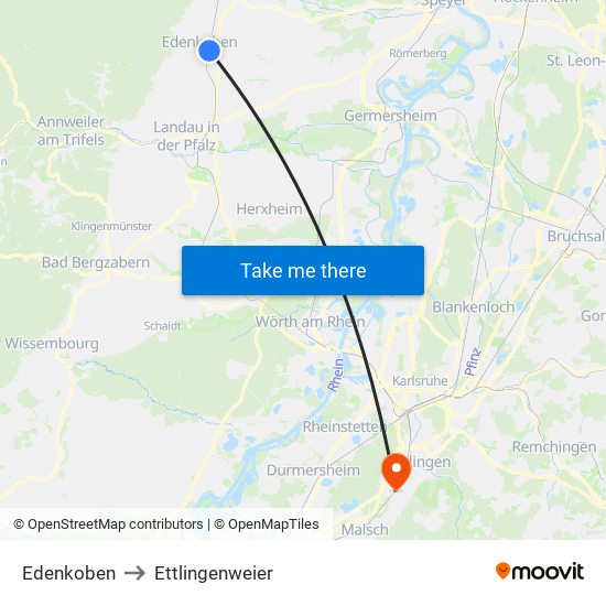 Edenkoben to Ettlingenweier map