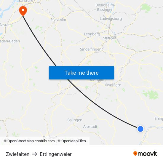 Zwiefalten to Ettlingenweier map