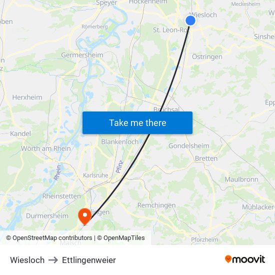 Wiesloch to Ettlingenweier map