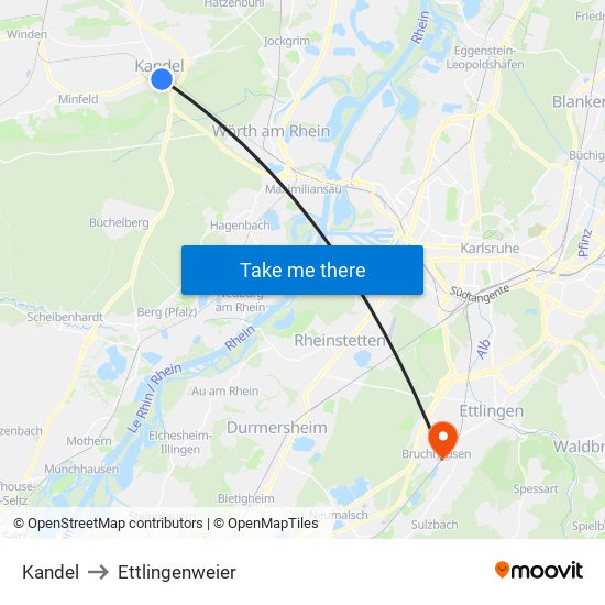 Kandel to Ettlingenweier map