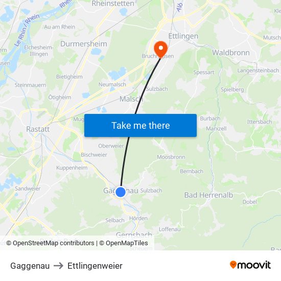 Gaggenau to Ettlingenweier map