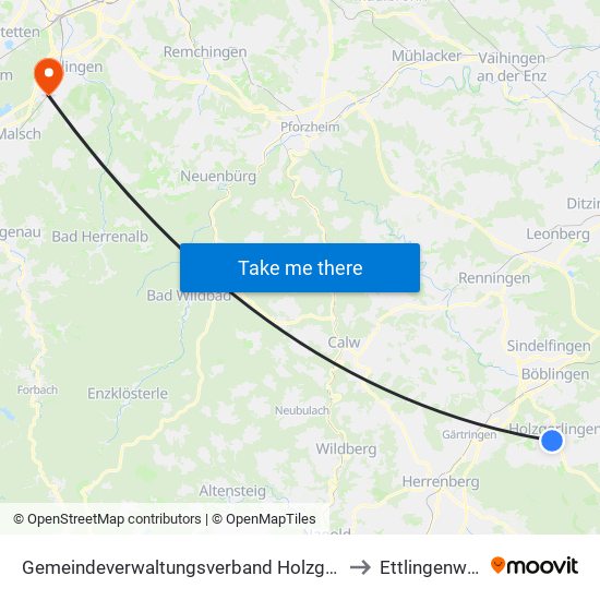 Gemeindeverwaltungsverband Holzgerlingen to Ettlingenweier map