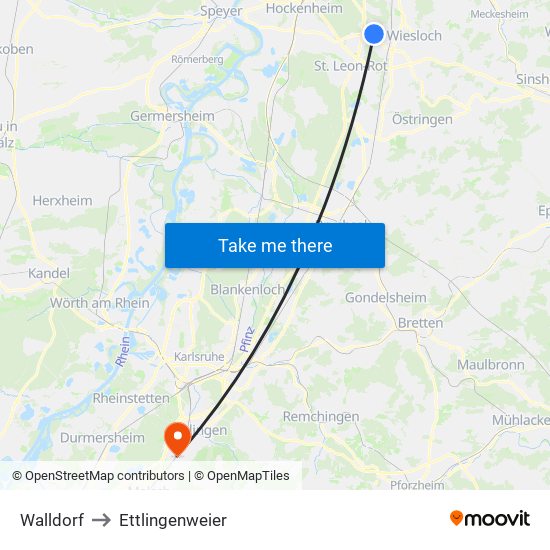 Walldorf to Ettlingenweier map