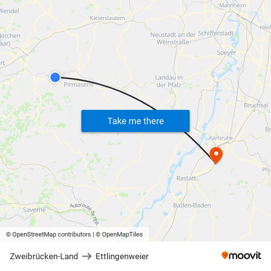 Zweibrücken-Land to Ettlingenweier map