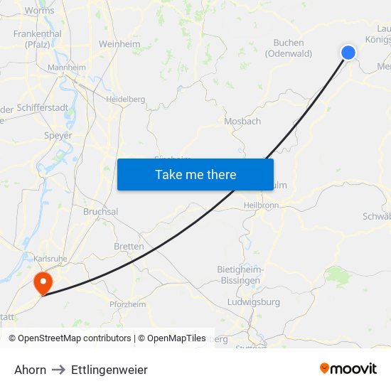 Ahorn to Ettlingenweier map