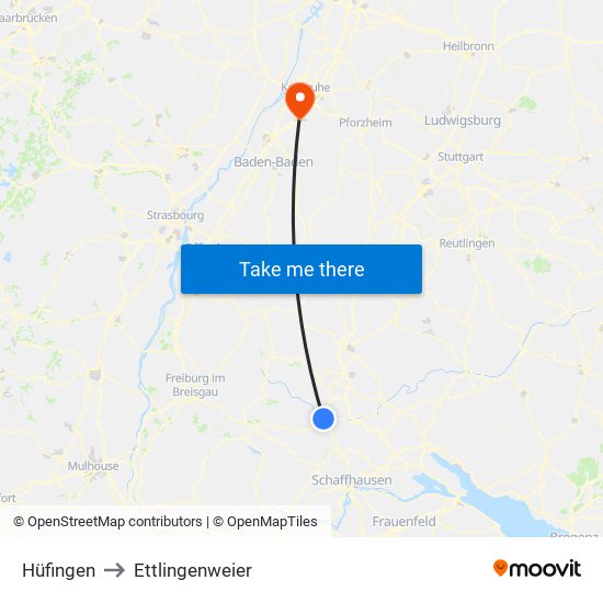 Hüfingen to Ettlingenweier map