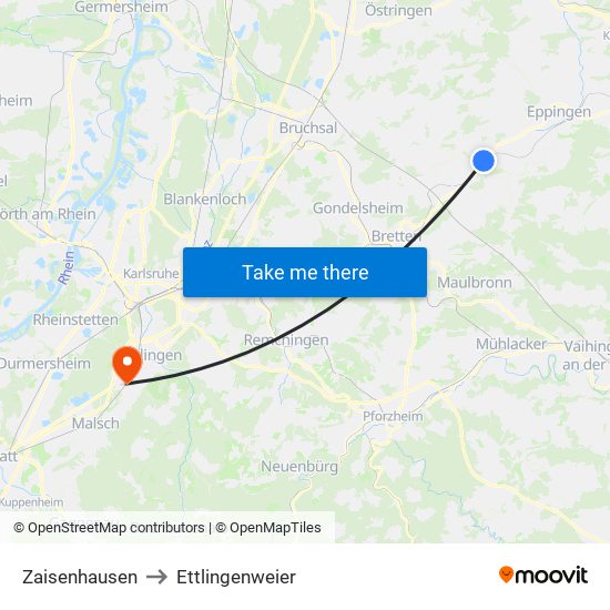 Zaisenhausen to Ettlingenweier map