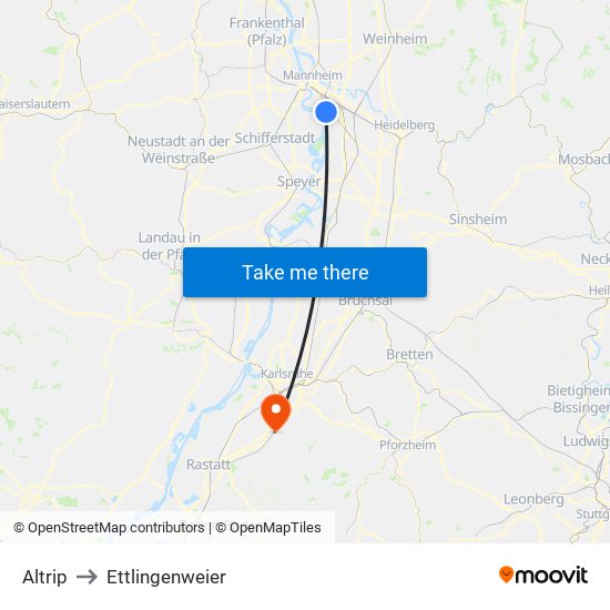 Altrip to Ettlingenweier map