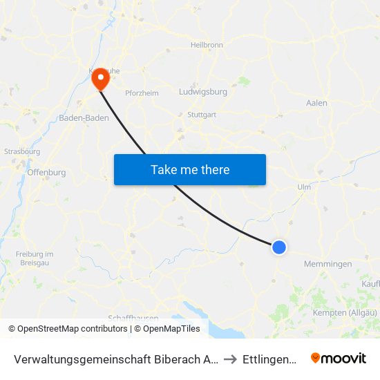 Verwaltungsgemeinschaft Biberach An Der Riß to Ettlingenweier map