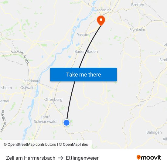Zell am Harmersbach to Ettlingenweier map