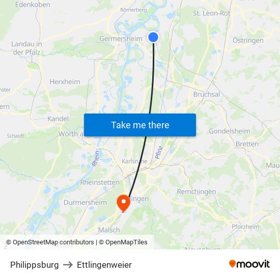 Philippsburg to Ettlingenweier map