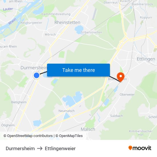 Durmersheim to Ettlingenweier map