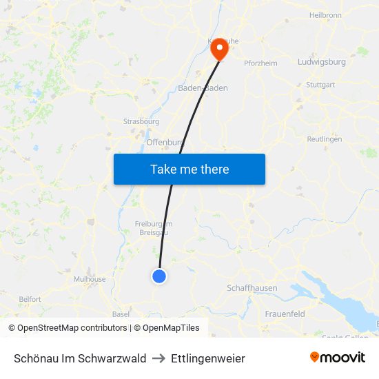 Schönau Im Schwarzwald to Ettlingenweier map