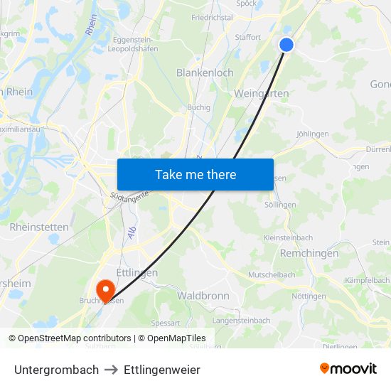 Untergrombach to Ettlingenweier map