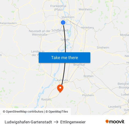 Ludwigshafen-Gartenstadt to Ettlingenweier map