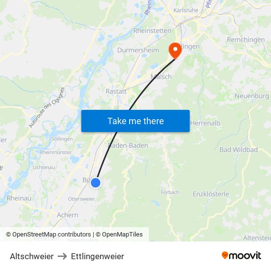 Altschweier to Ettlingenweier map