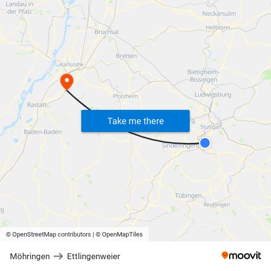 Möhringen to Ettlingenweier map