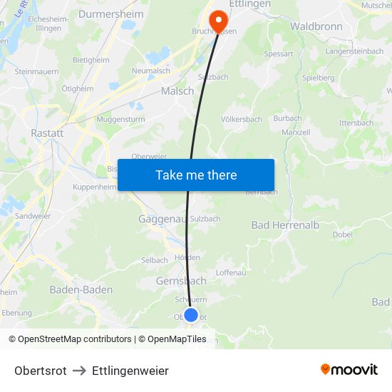 Obertsrot to Ettlingenweier map