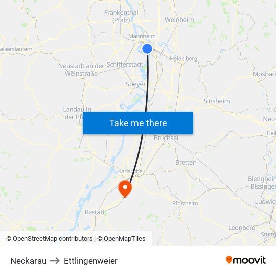 Neckarau to Ettlingenweier map