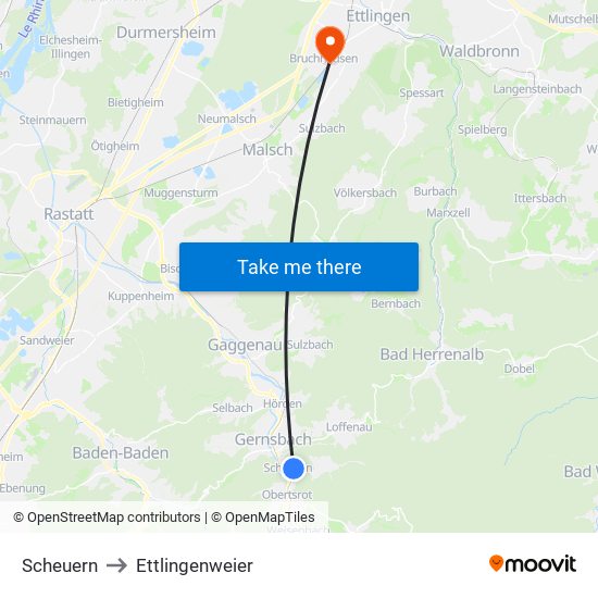 Scheuern to Ettlingenweier map