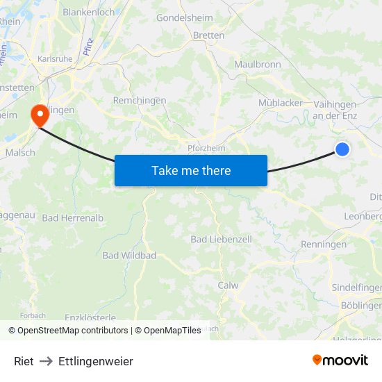 Riet to Ettlingenweier map