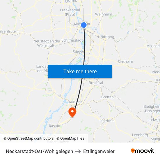 Neckarstadt-Ost/Wohlgelegen to Ettlingenweier map